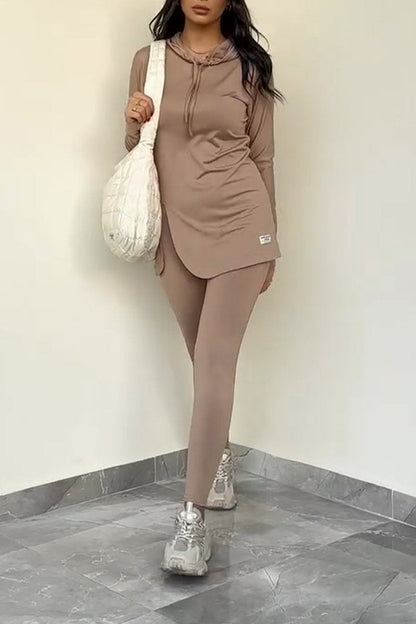 Women's Casual Hooded Solid Color Sports Two-piece Suit