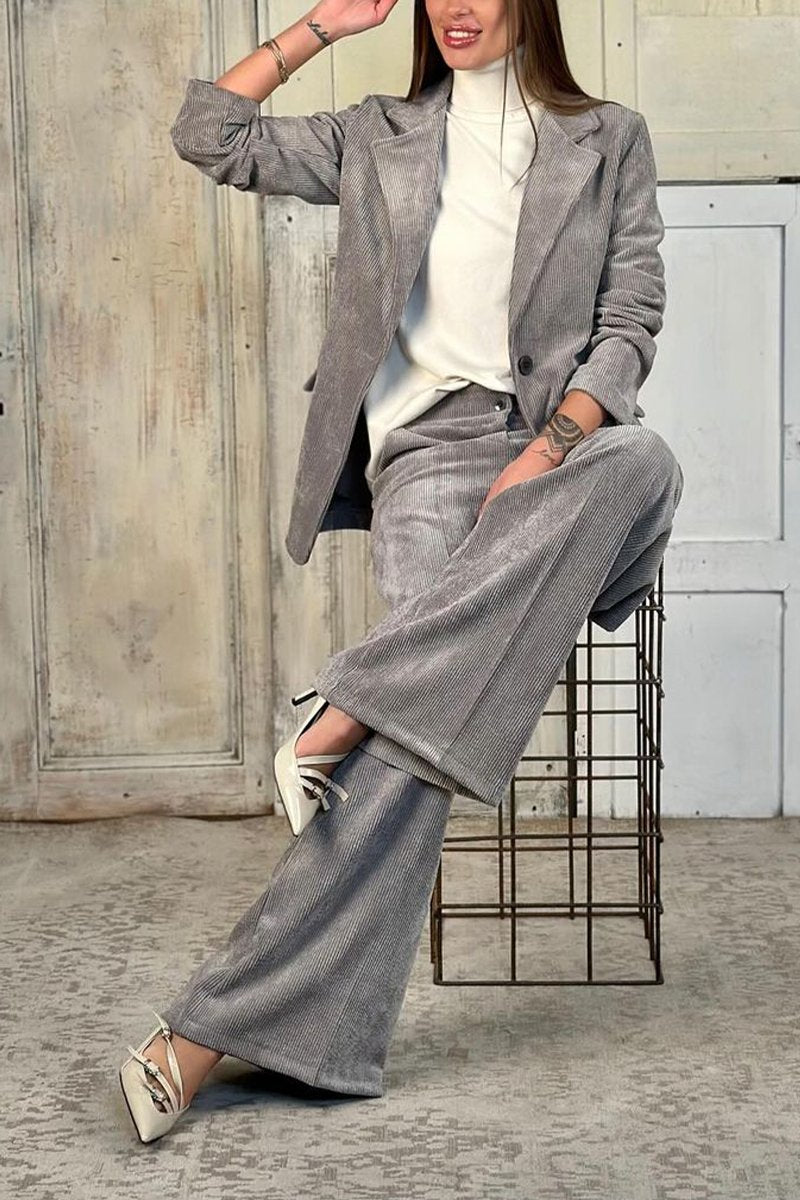 Women's Casual Lapel Corduroy Two-piece Suit gray