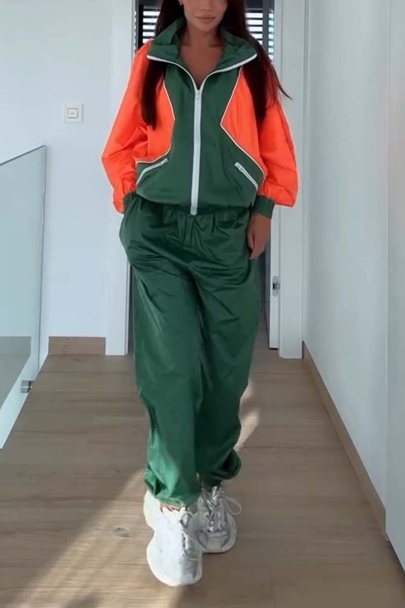 Women's Casual Contrast Color Stand Collar Sports Suit Green