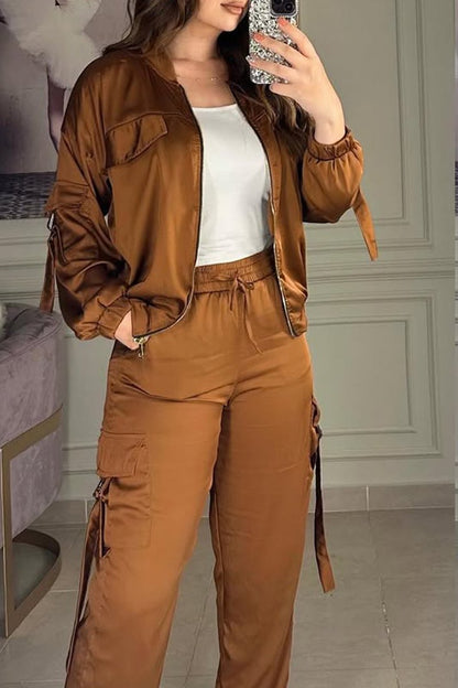 Women's casual satin pocket design two piece suit Brown