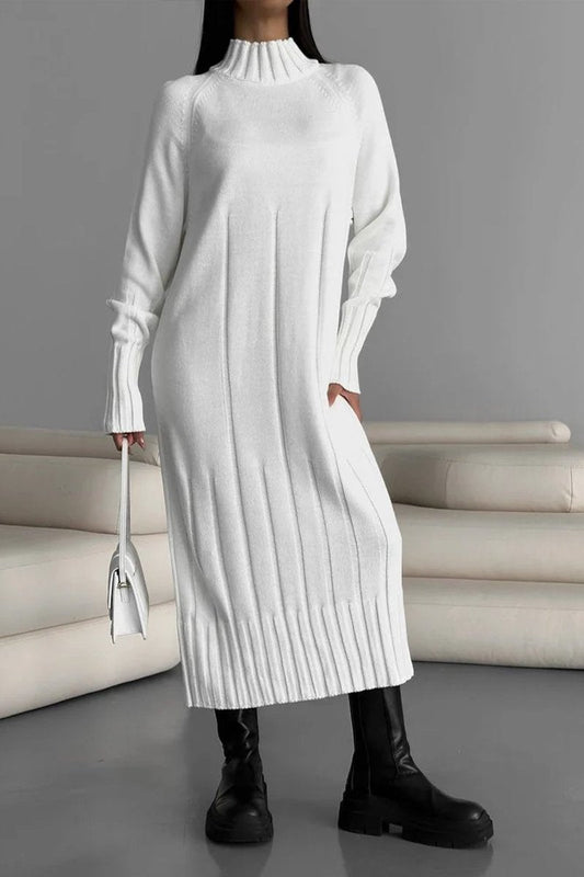 Women's Round Neck Long Sleeve Knitted Sweater Casual Dress white