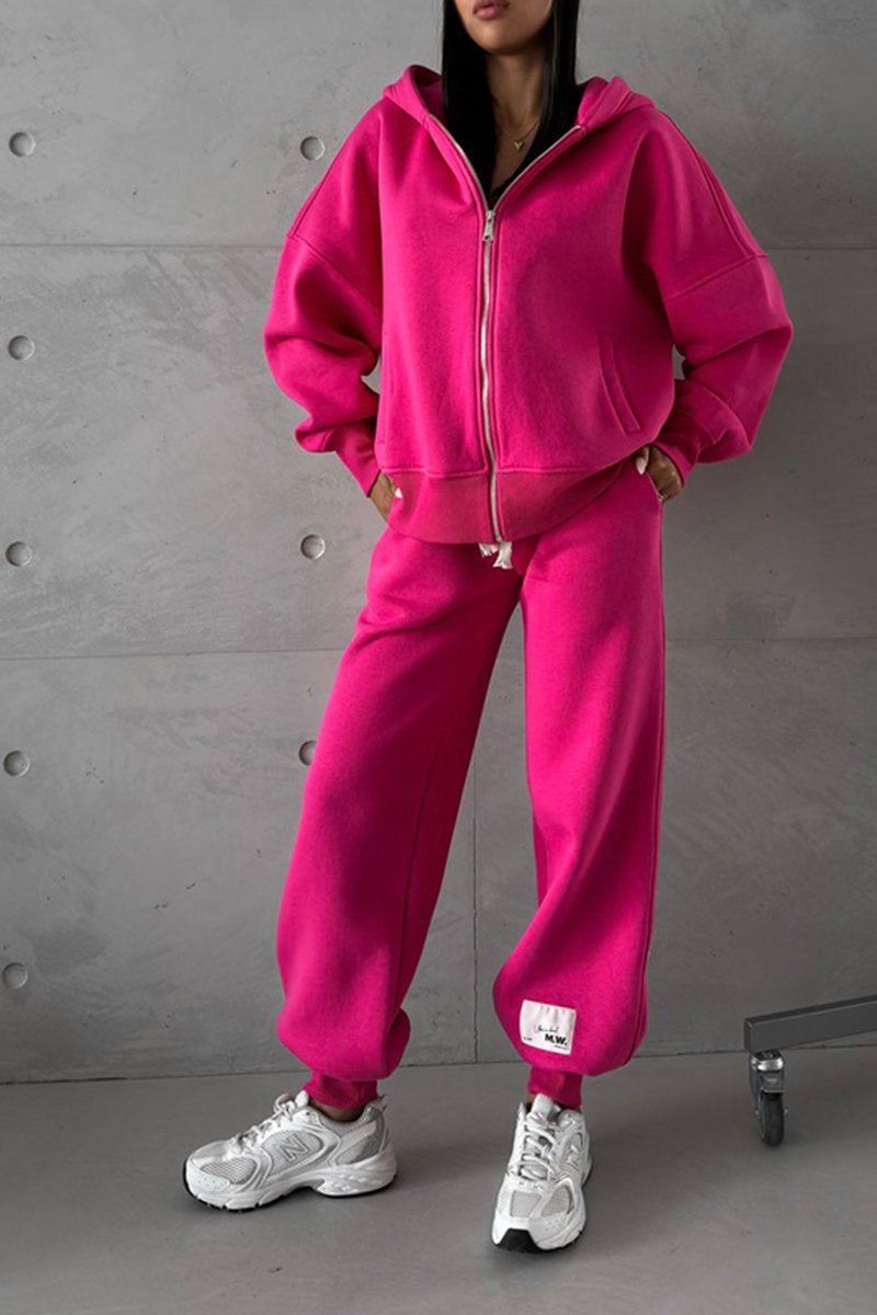 Women's Long Sleeve Hoodies Two-Piece Set rose-red