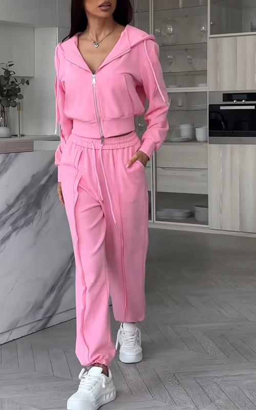 Women's Solid Color Hooded Sweatshirt Two Piece Set