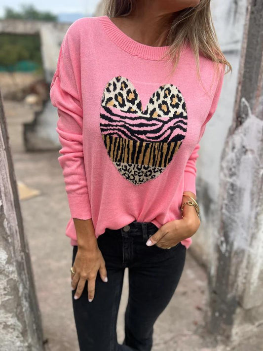 Casual Round Neck Love Print Top Pink