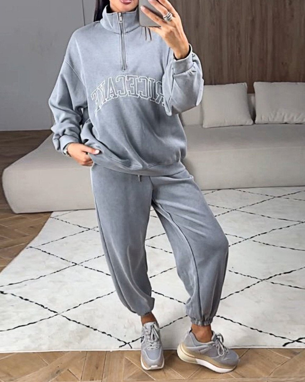 Women's Monogrammed Half-zip Top and Pants Two-piece Set Grey