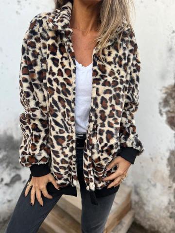 Women's Lapel Leopard Print Long Sleeve Thick Coat off-white