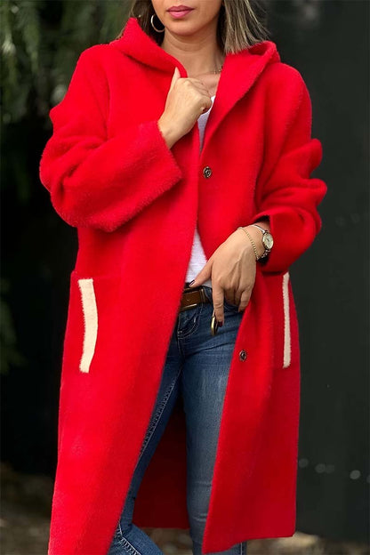 Women's Casual Loose Solid Color Hooded Coat Red