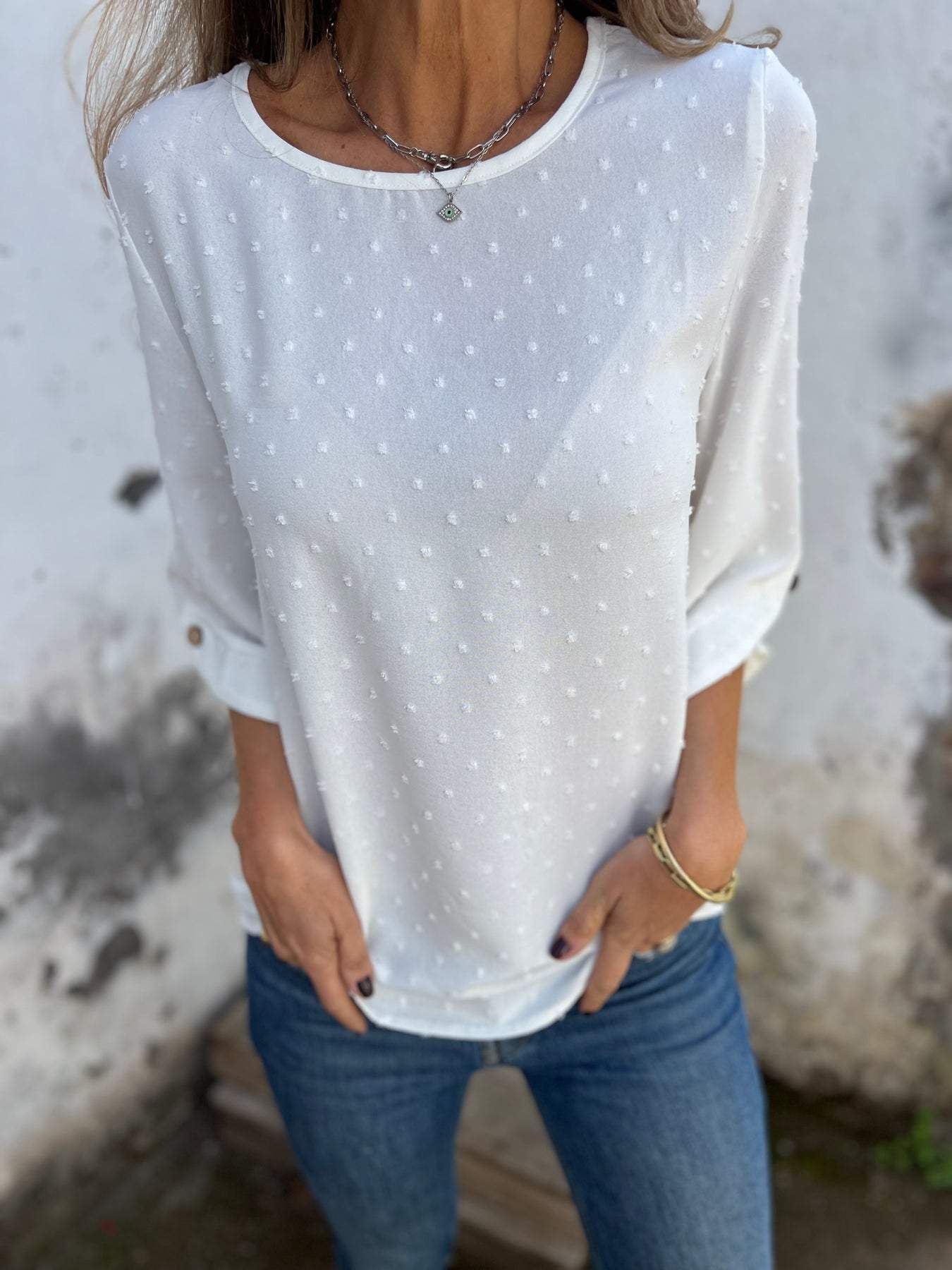 Women's Round Neck Mid-sleeve Casual Top white