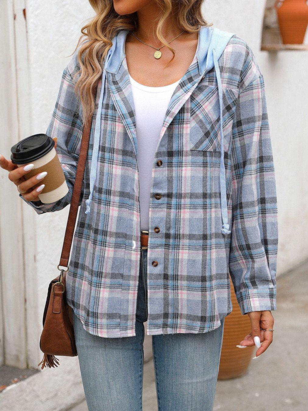 Women's Loose Plaid Casual Hooded Shirt