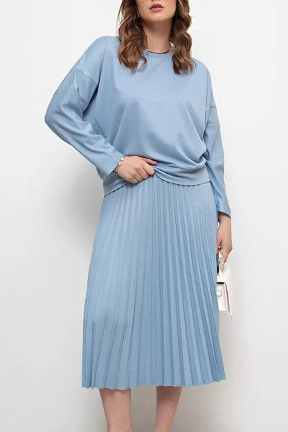 Women's Casual Solid Color Top Pleated Skirt Two Piece Set light blue