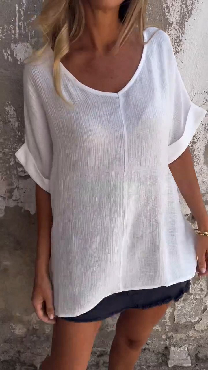 V-neck Mid-sleeve Casual Top White