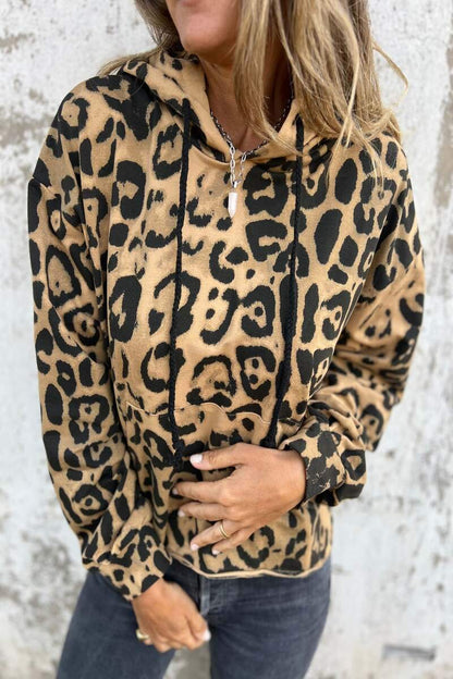 Women 's Leopard Print Hooded Long Sleeved Hoodie Top yellow