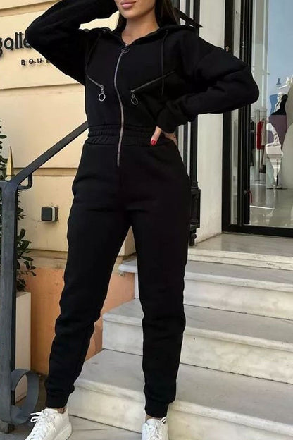 Solid Color Zipper Long Sleeve Jumpsuit black