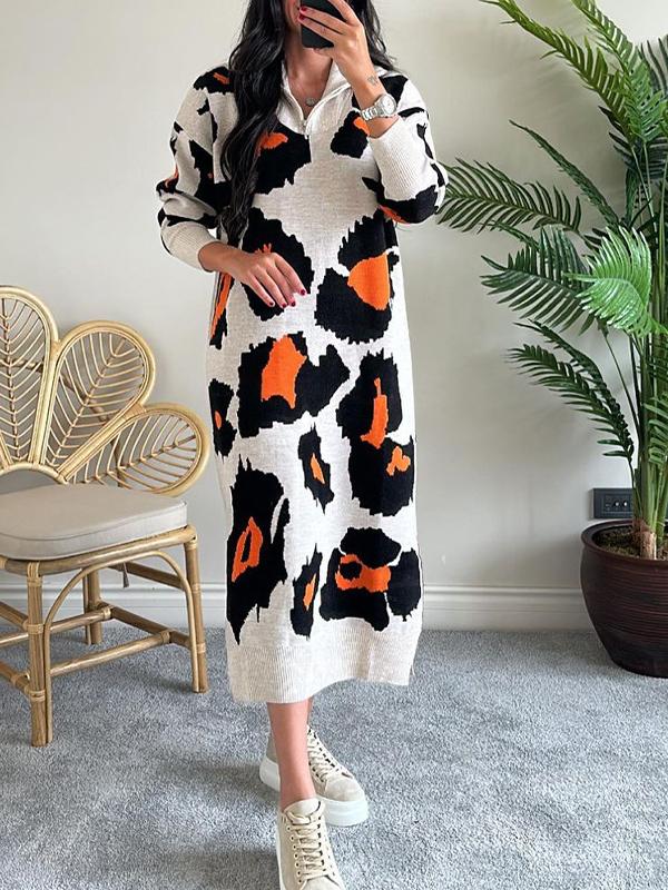 Women's Zippered Half-open Collar Knitted Leopard Print Casual Dress orange