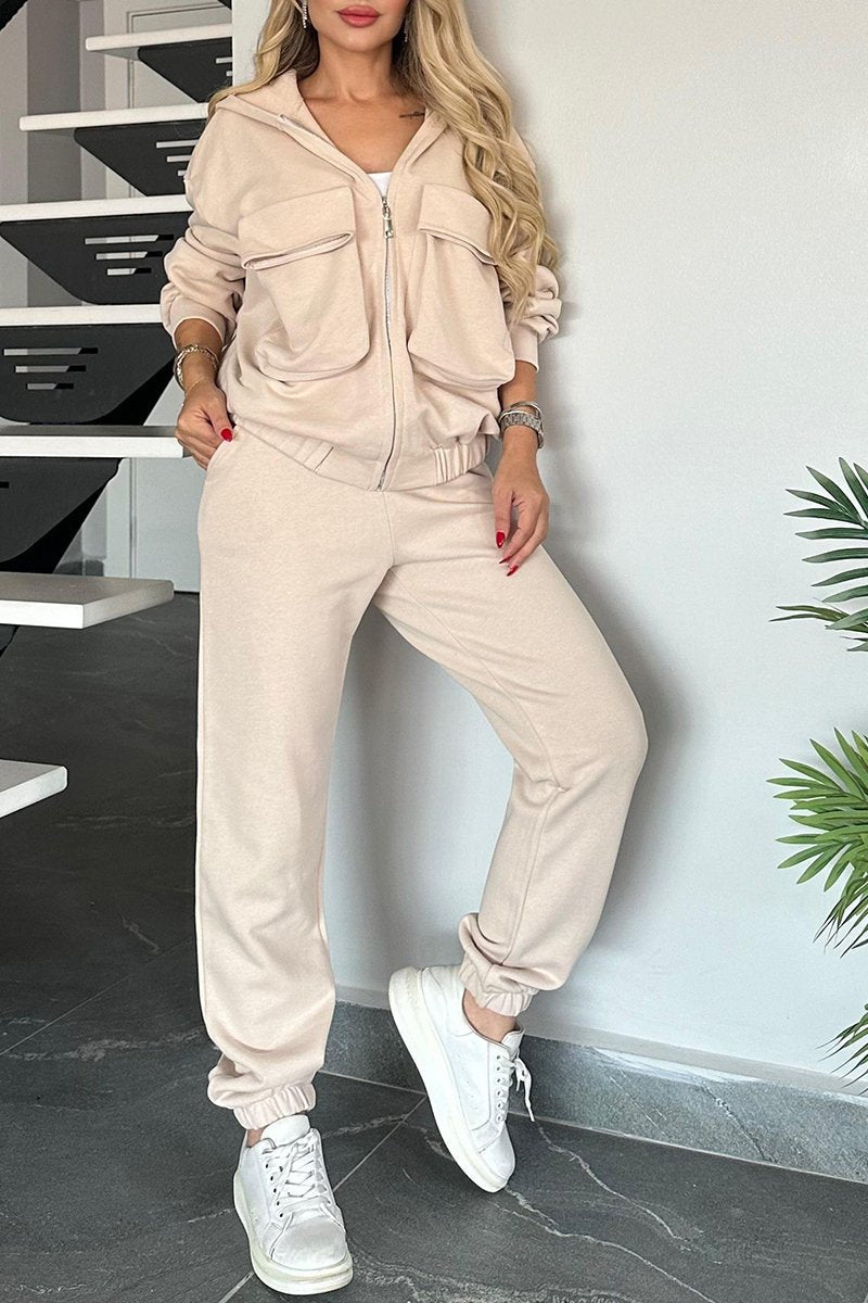 Women's Hooded Long-sleeved Multi-pocket Casual Suit apricot