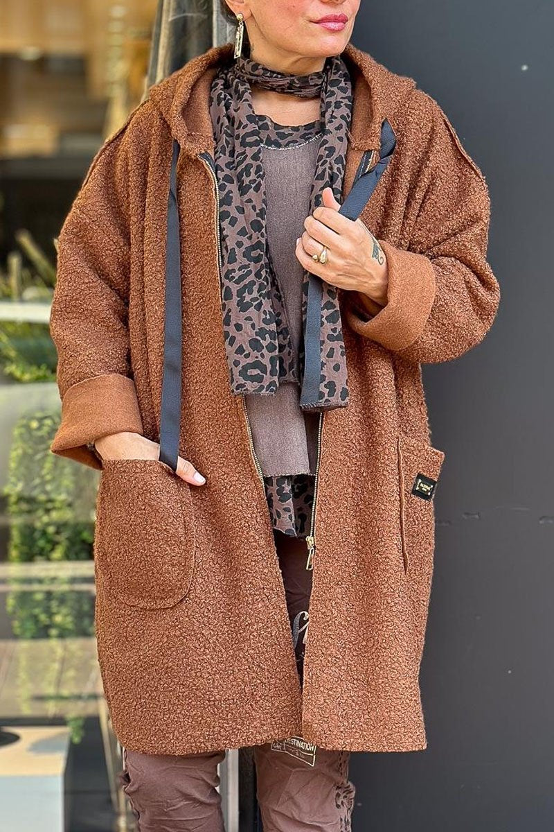 Casual Solid Color Long Sleeve Plush Hooded Jacket brown