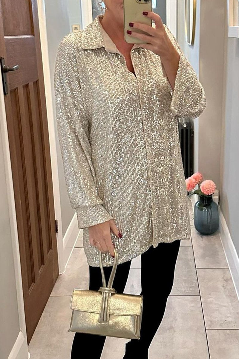 Women's Lapel Single Breasted Sequin Party Shirt gold