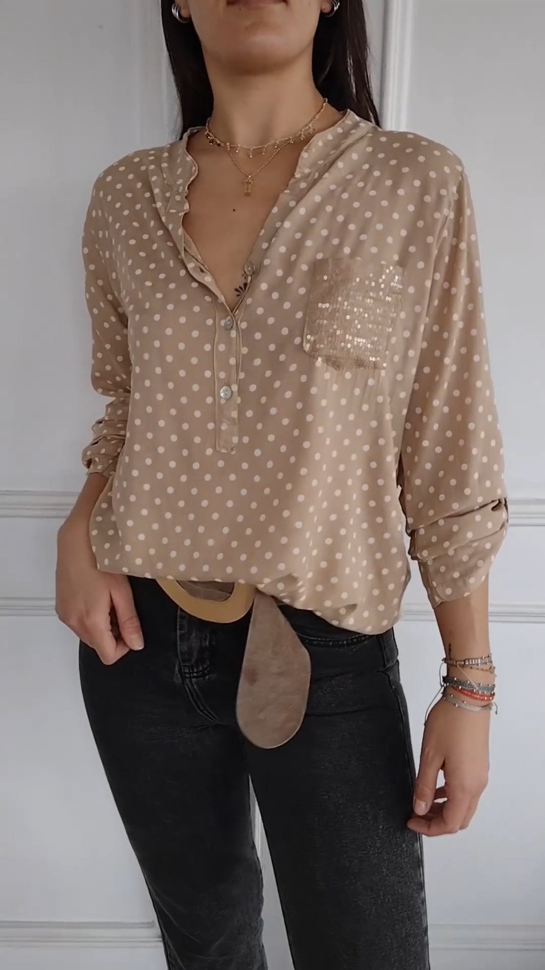 Women's V-neck Polka Dot Sequined Casual Shirt khaki