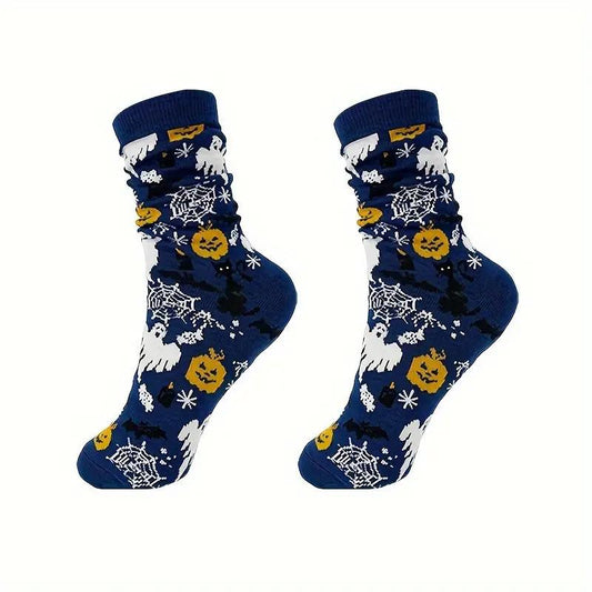 Men's and Women's Halloween Cartoon Print Casual Socks blue one size