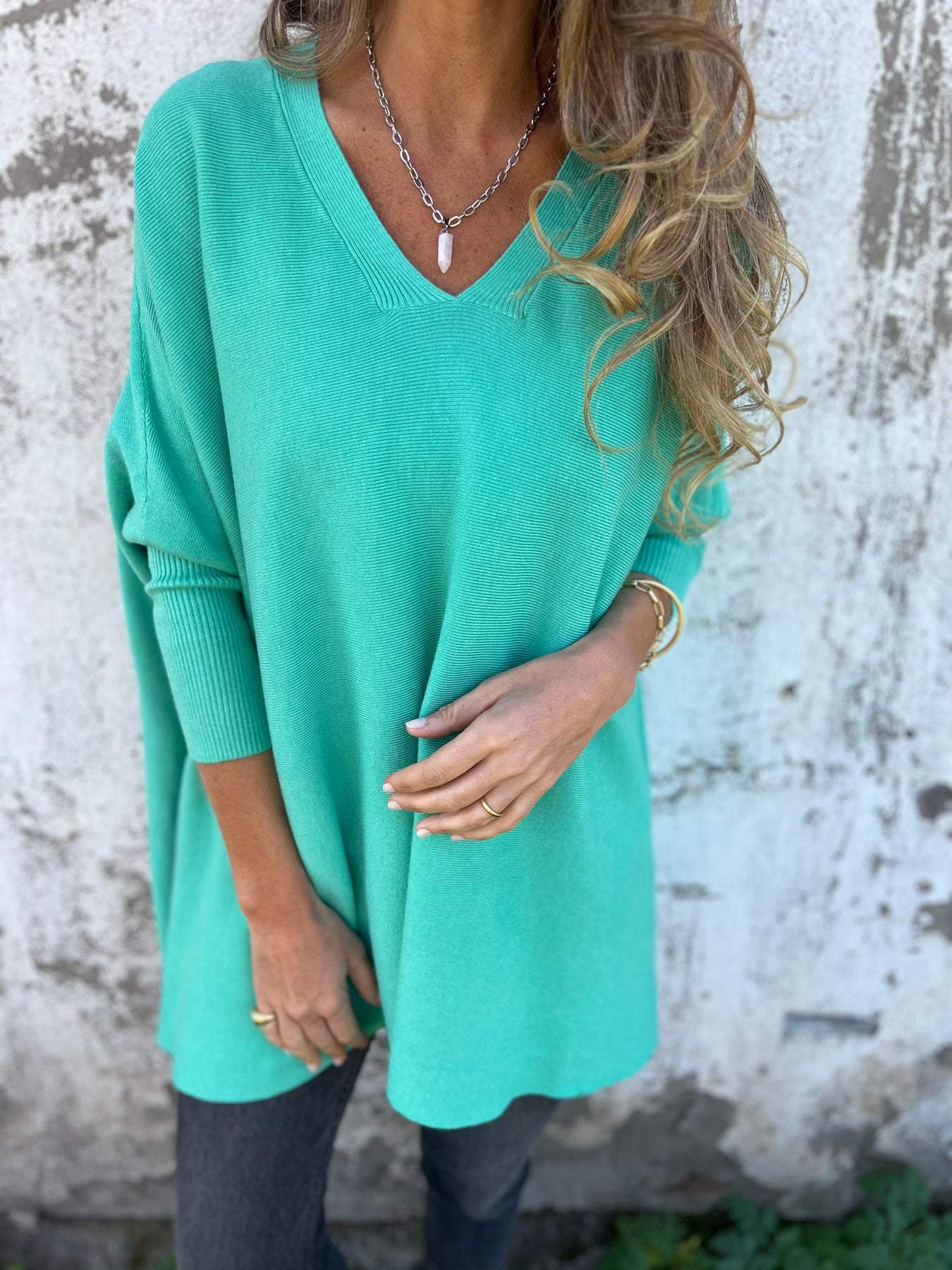 Women's V-neck Long-sleeved Knitted Casual Top cyan