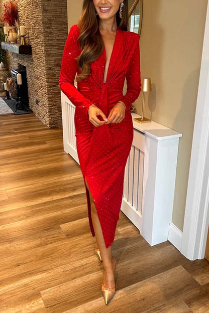 Women's Elegant Fit Slit Diamond Dress Red