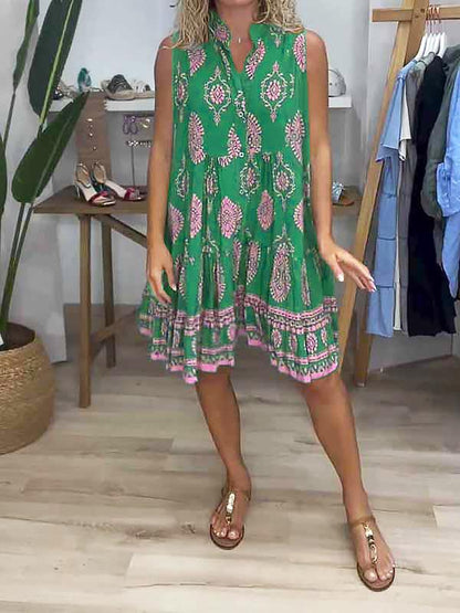 Women's V-neck Printed Short Dress green