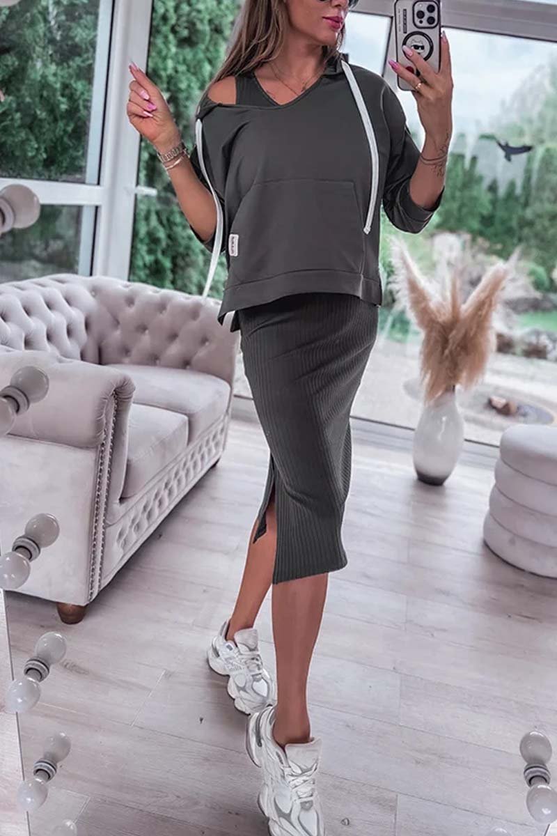 Women's Casual Sweatshirt and Knitted Sleeveless Dress Set Army Green