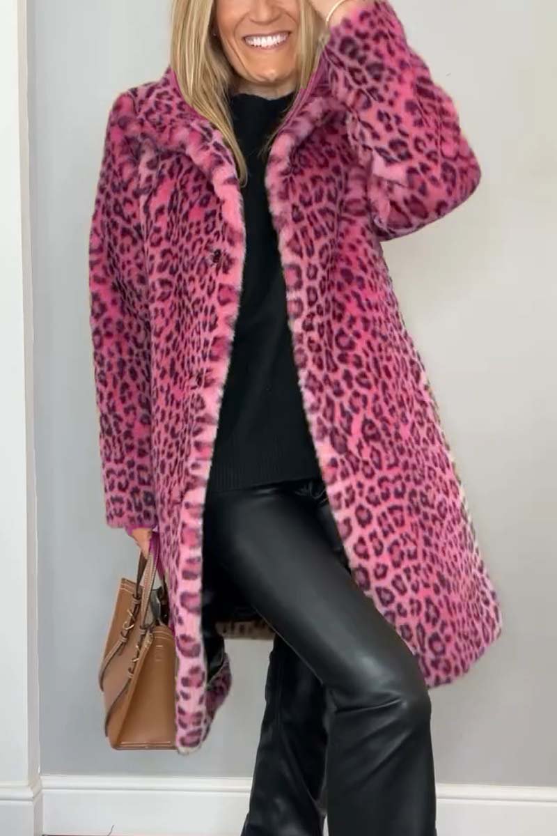 Women's Fashionable Leopard Lapel Faux Fur Winter Mid-Length Coat Pink