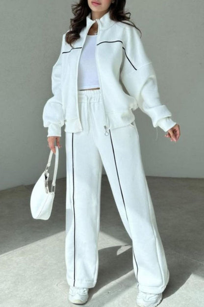 Women's Casual Line Top and Trousers Two-piece Set white