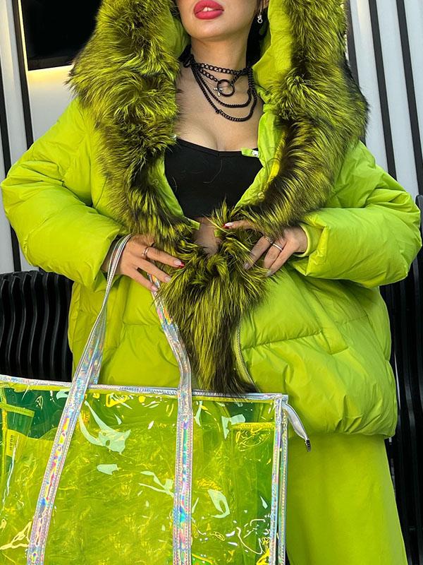 Women's Hooded Fur Collar Long Sleeve Coat green