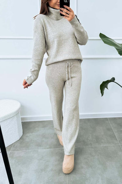 Women's casual solid color turtleneck sweater suit Light Gray