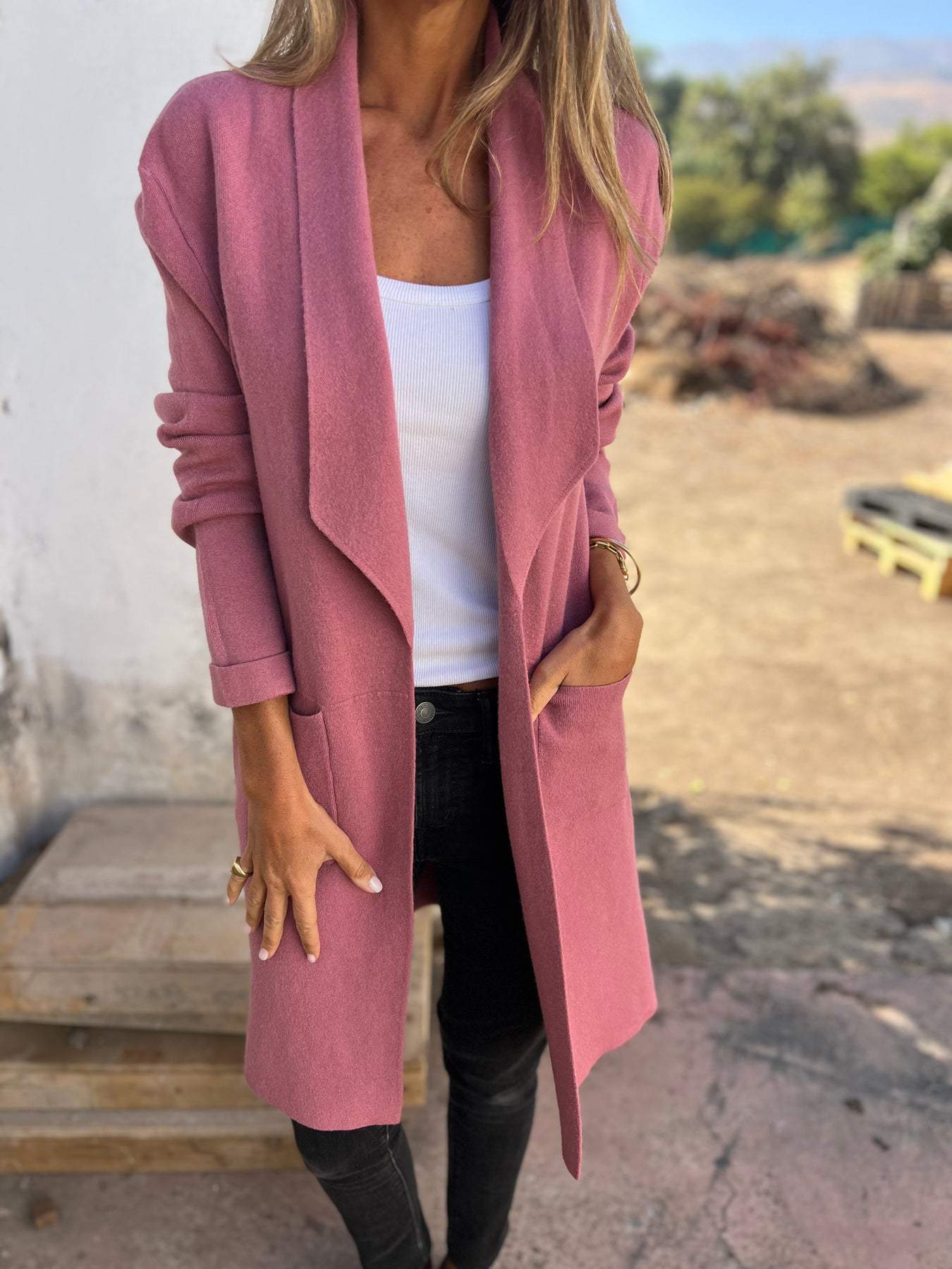 Lapel Casual Long Sleeve Cardigan pink