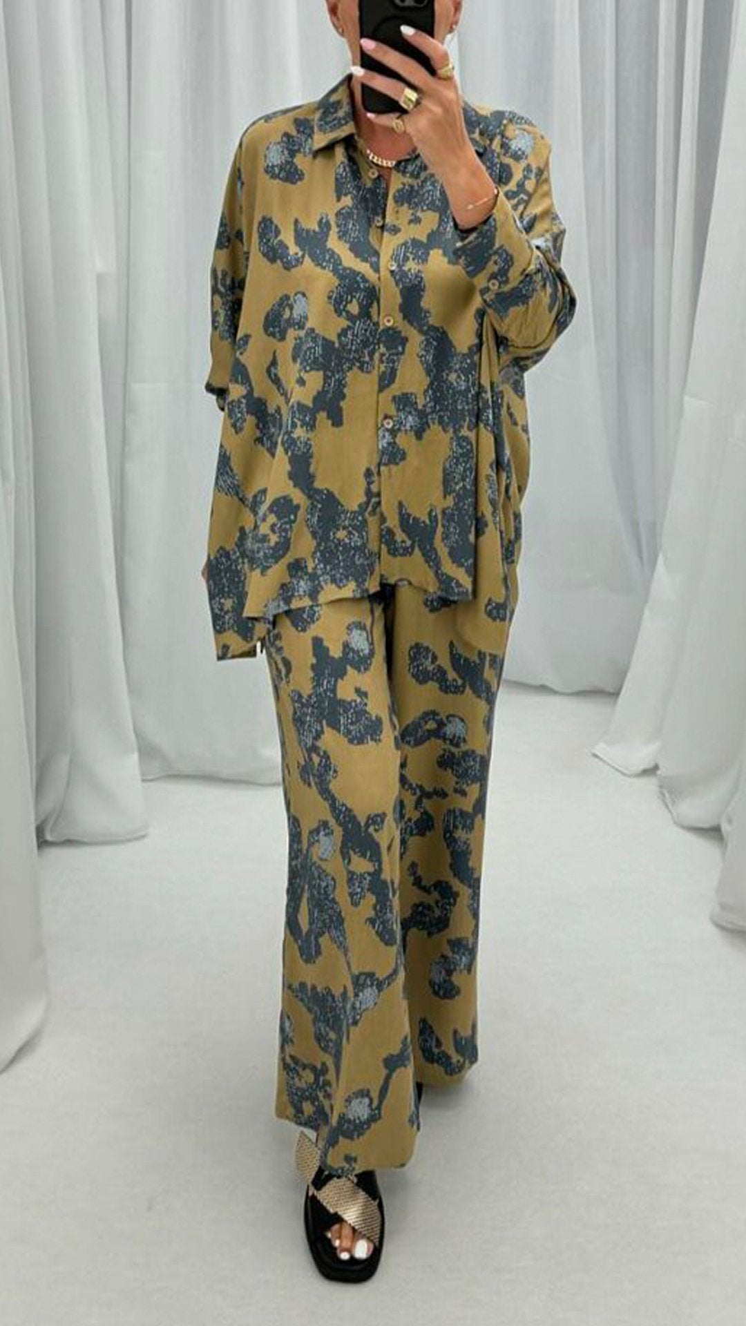 Women's Lapel Long-sleeved Printed Casual Suit