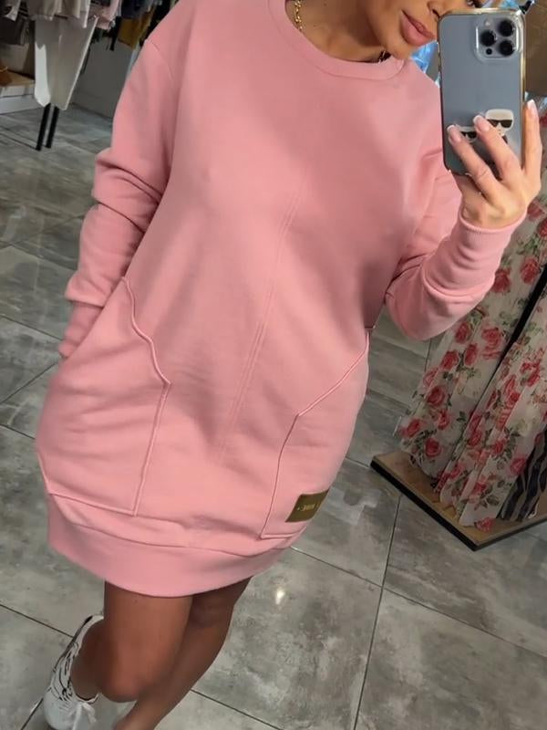 Women's Round Neck Long Sleeve Sweater Dress pink