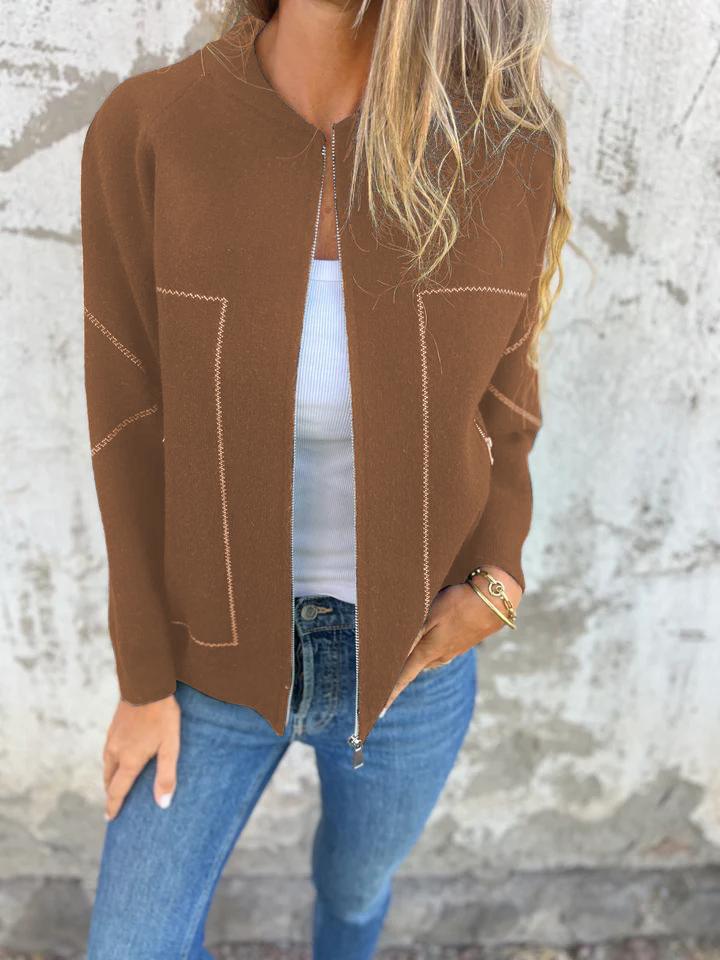 Casual Round Neck Zipper Thin Jacket brown