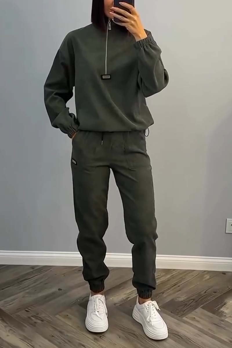 Women's Casual Solid Color Half Zip Long Sleeve Top and Pants Set Army Green