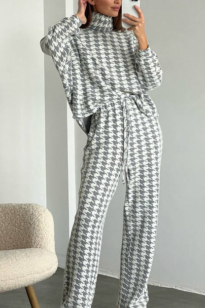 Women's Casual High-neck Long-sleeved Two-piece Suit gray