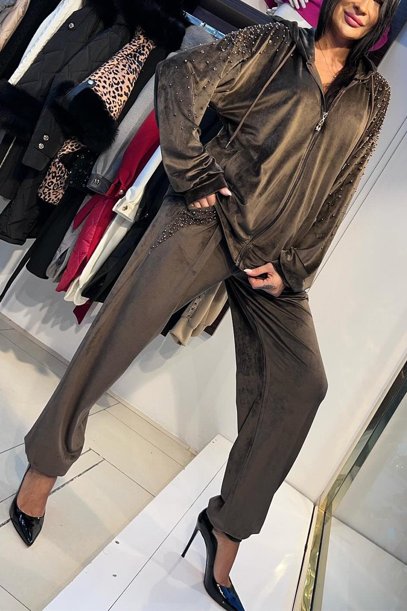 Women's Casual Hooded Shiny Suede Two-piece Suit dark gray