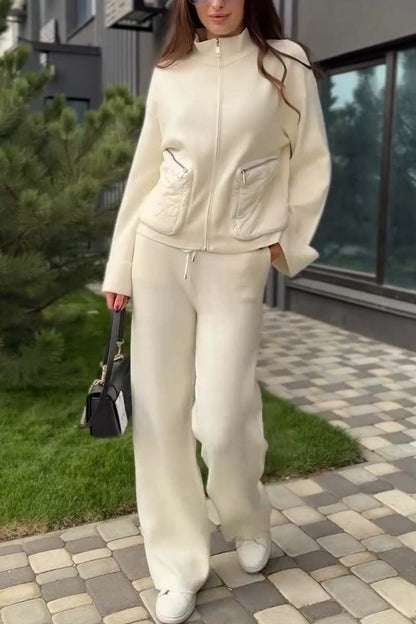 Women's casual double pocket patchwork stand collar sweater suit Off White