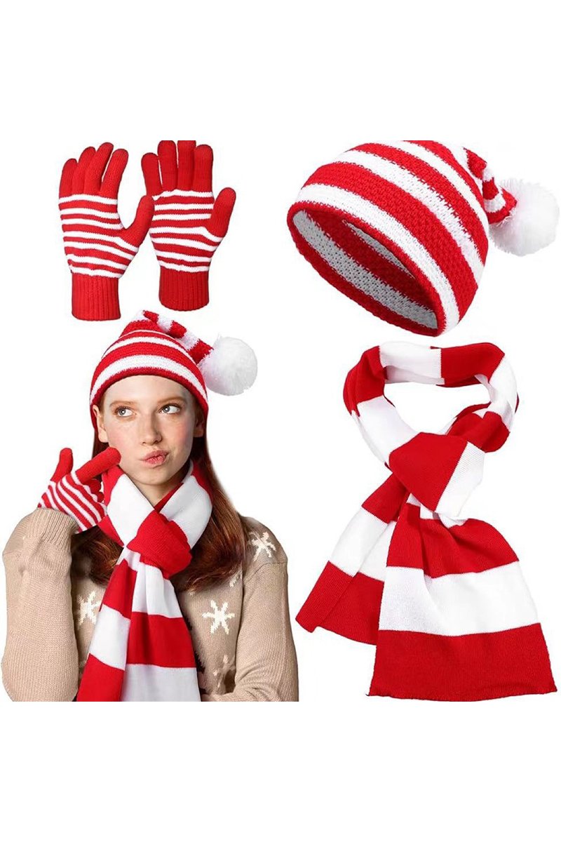 Merry Christmas Bell Hat Three-Piece Set striped red and white three-piece set One size