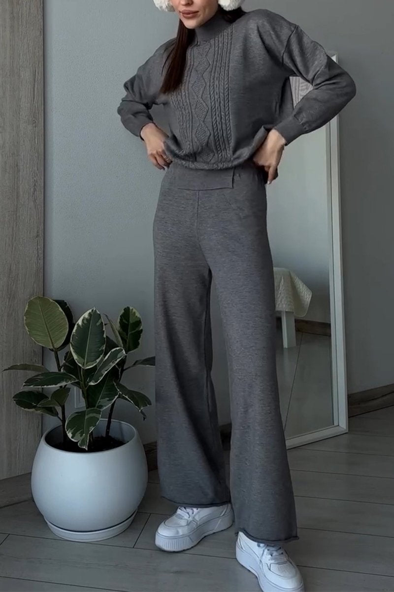 Women's Casual Round-neck Long-sleeved Two-piece Suit gray