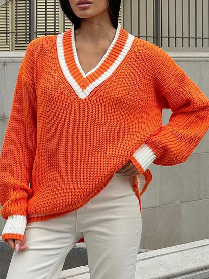 Women's V-neck Long Sleeve Knitted Sweater orange