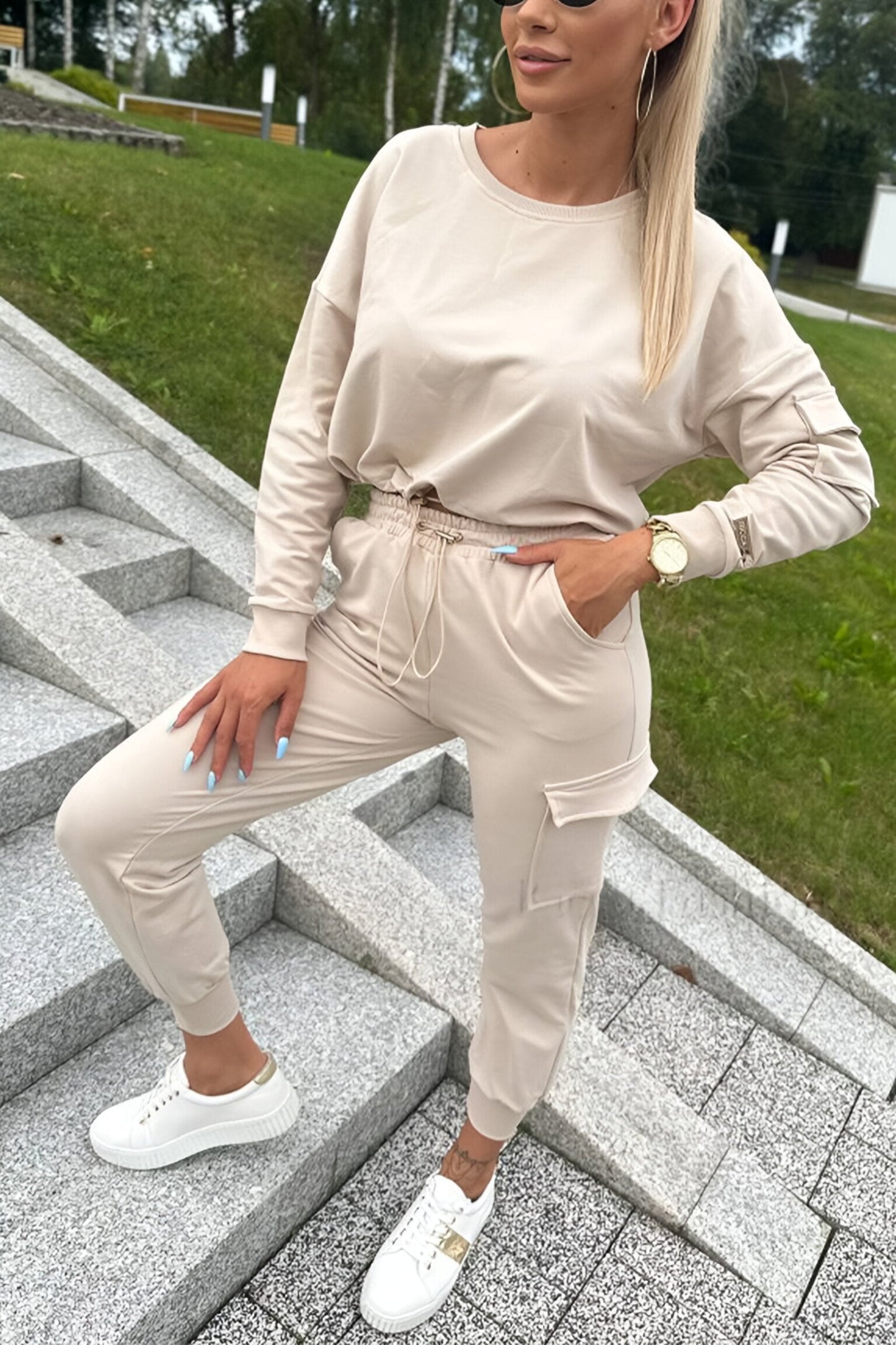 Women's Casual Round Neck Long Sleeve Two Piece Suit Apricot