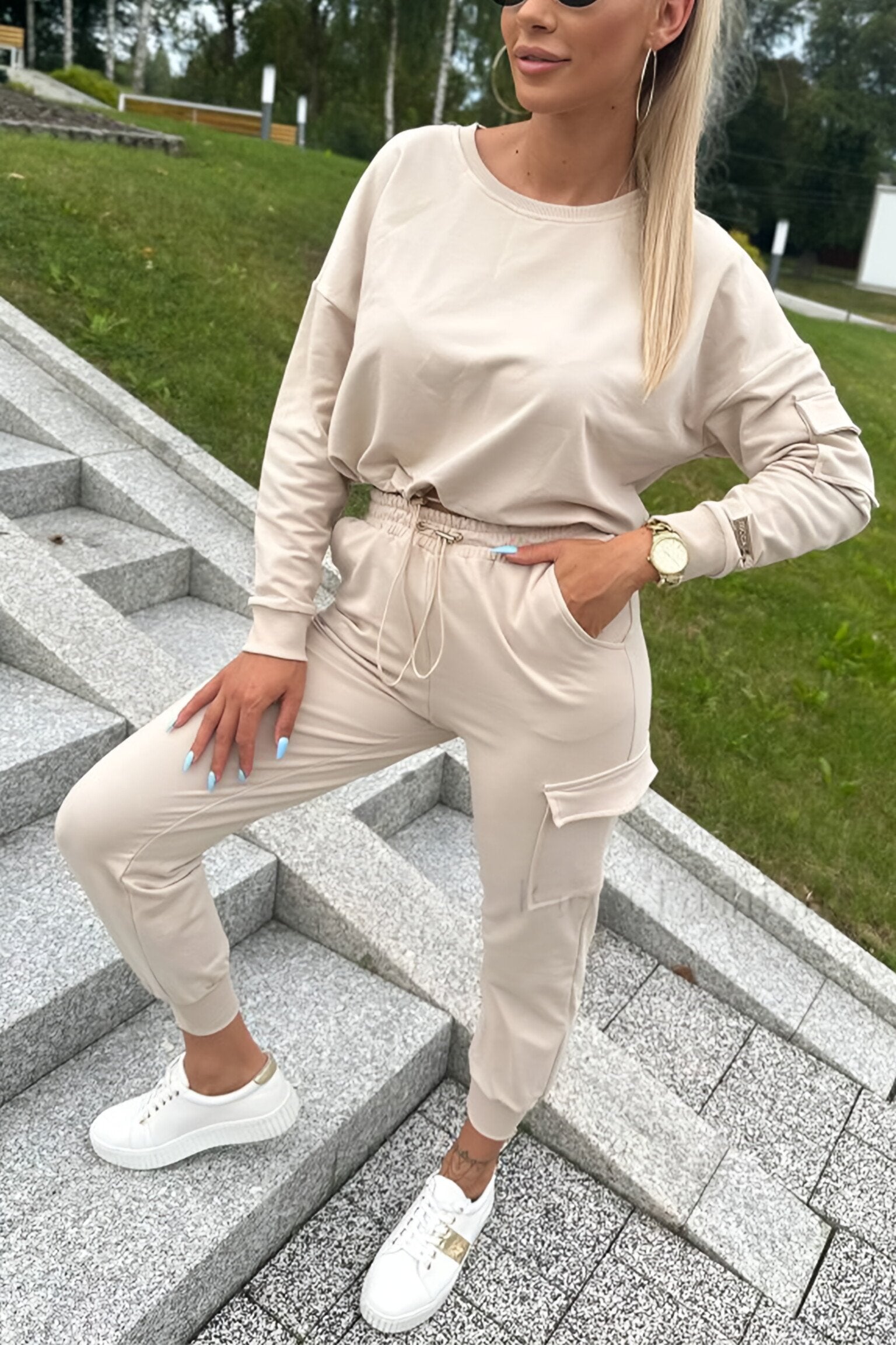 Women's Casual Round Neck Long Sleeve Two Piece Suit Apricot