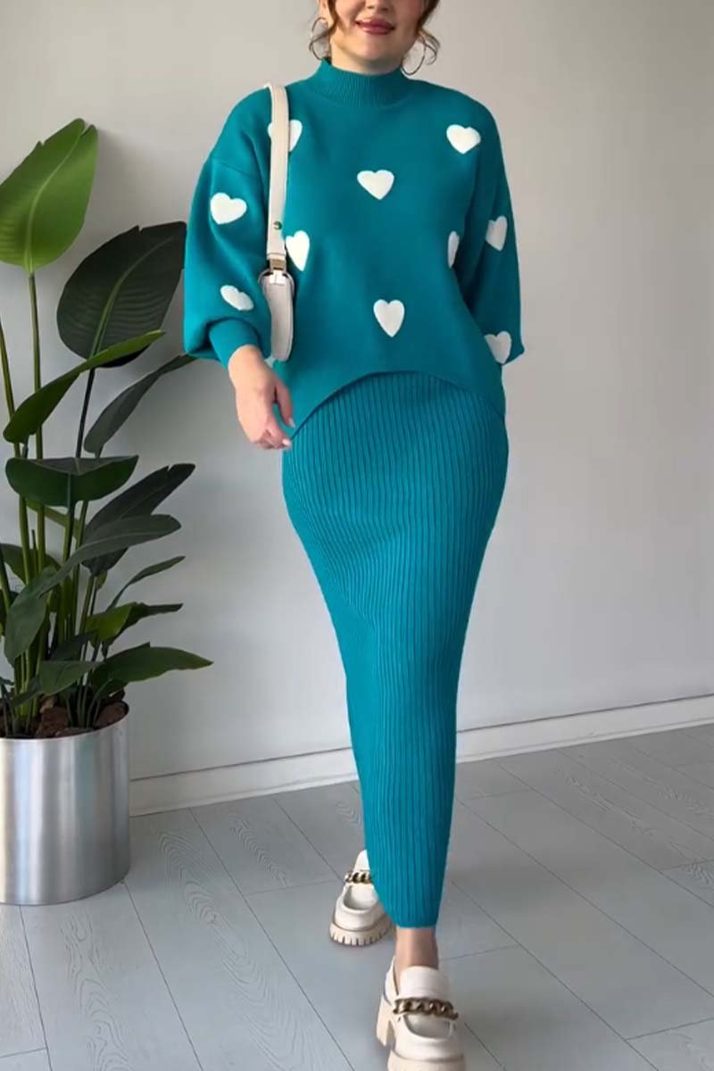 Women's fashion long-sleeved two-piece dress cyan