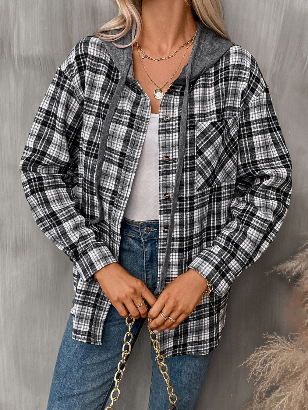 Women's Loose Plaid Casual Hooded Shirt