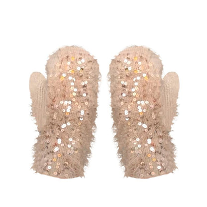 Women's Sequined Fashion Casual Autumn and Winter Knitted Hat + Gloves apricot M gloves