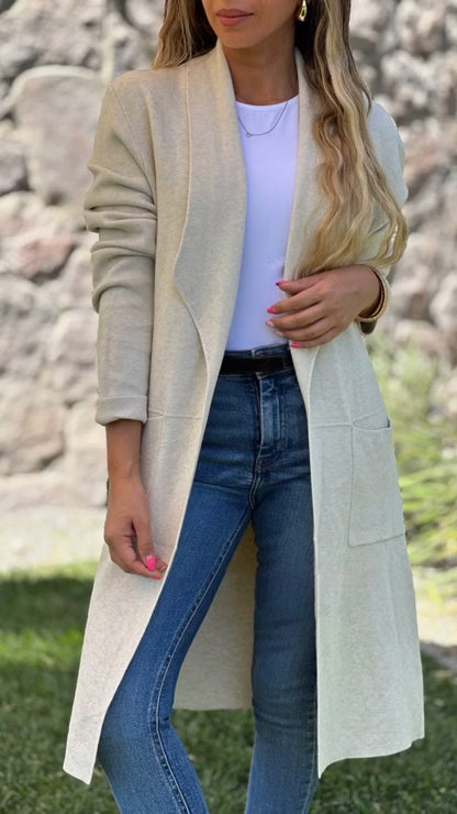 Women's Solid Color Lapel Mid-length Jacket Beige