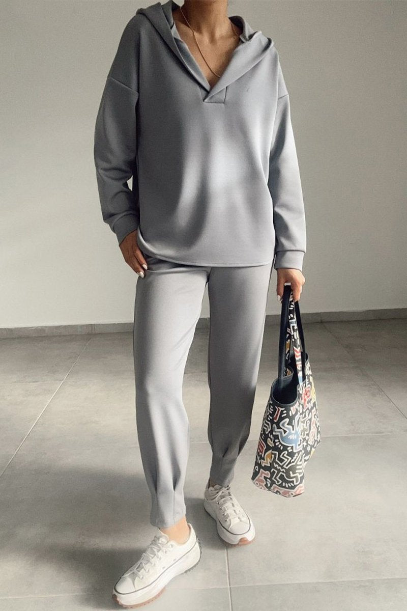 Women's Casual Hooded Solid Color Two Piece Suit gray