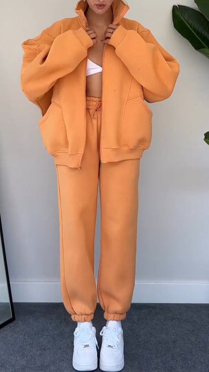 Casual Lapel Zipper Cardigan and Trousers Two-piece Suit orange